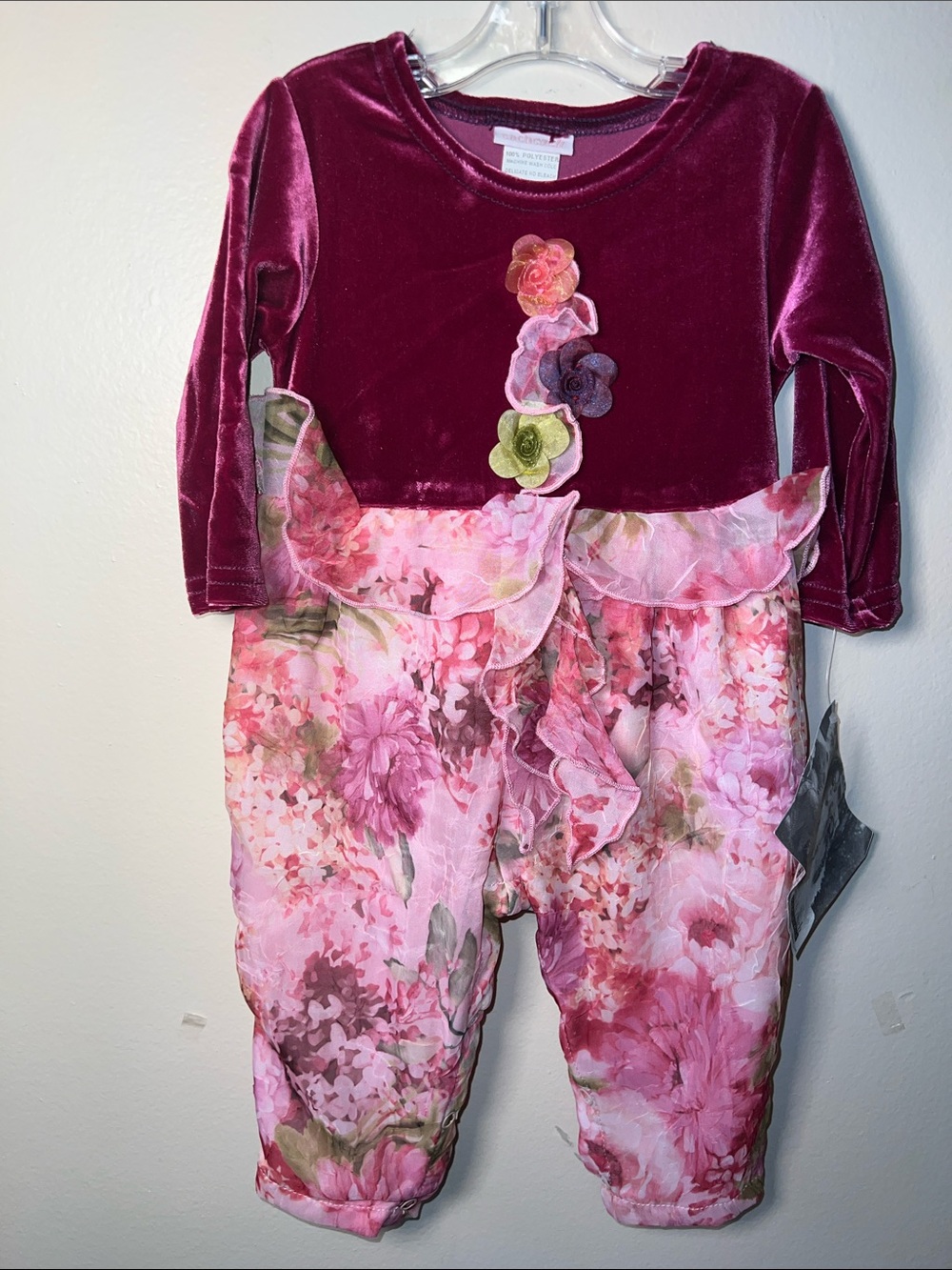 VTG Kids Cach Cach Velvet and Chiffon Floral Romper in Berry Pink.